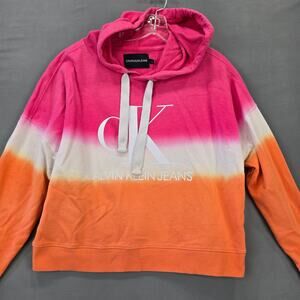 Calvin Klein Pink Striped Hoodie Sweatshirt Long Sleeves Logo Women's Size M Top